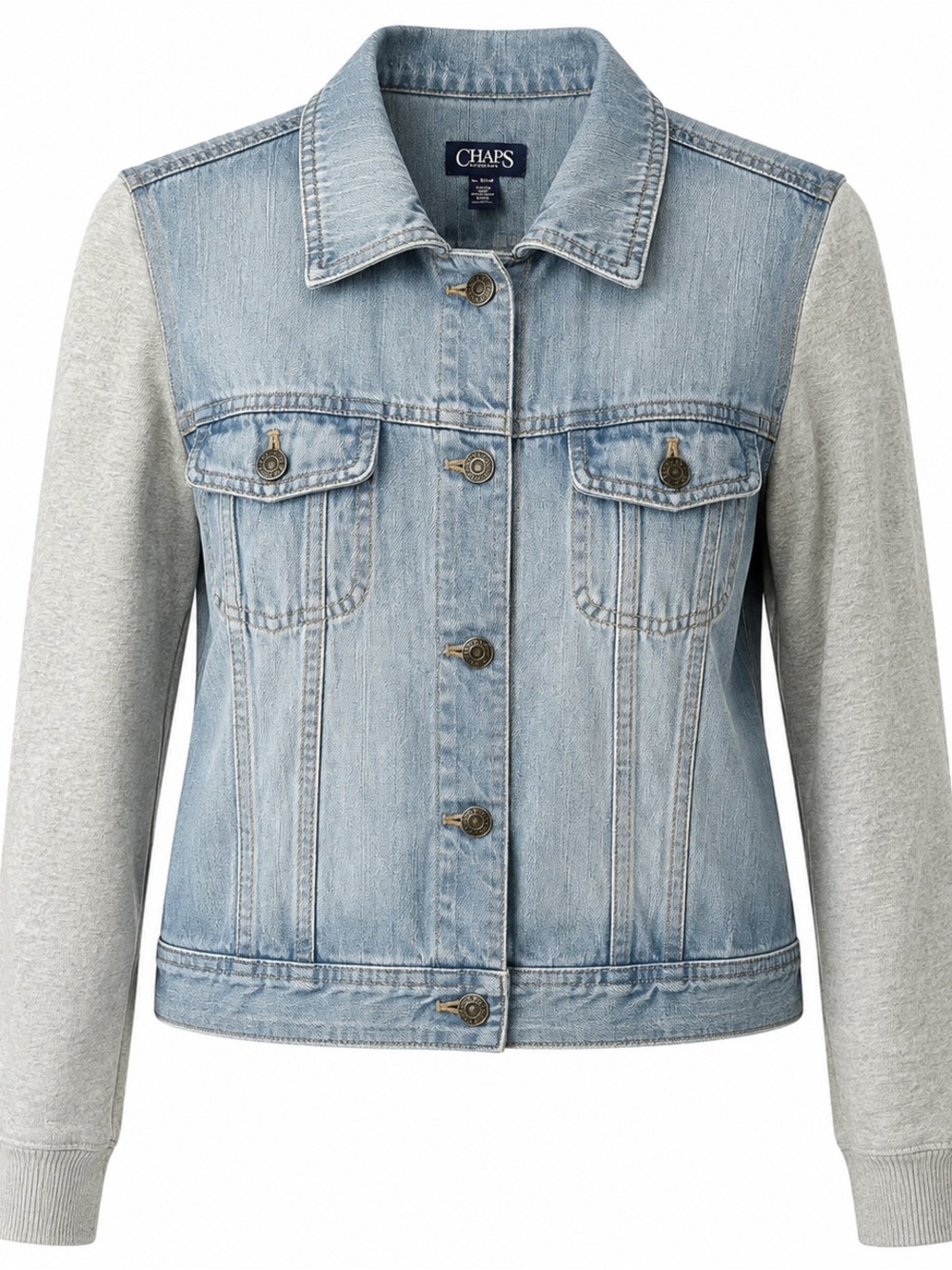 Chaps Mixed Media Denim Jacket Gray Terry Sleeves Size L